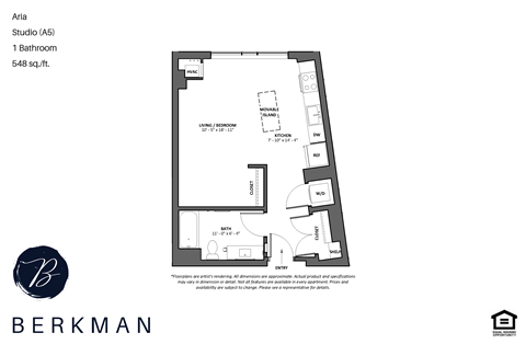 Floor plan for studio, 1 bath, 548 sqft